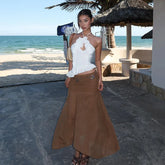 LIZAKOSHT  -  Fashion Elegant 2-Piece Set Women Cross Halter Hollow Ruffles Irregular Hem Vests+Folds Mesh Long Skirt Vacation Matching Suits